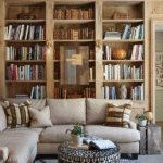 Living room with bookshelves on the walls and a focus on wall sconces.