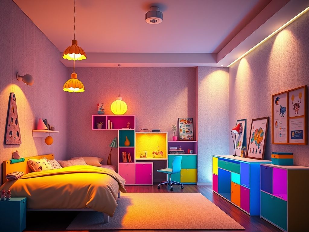 Iluminação com cores variáveis em quartos infantis