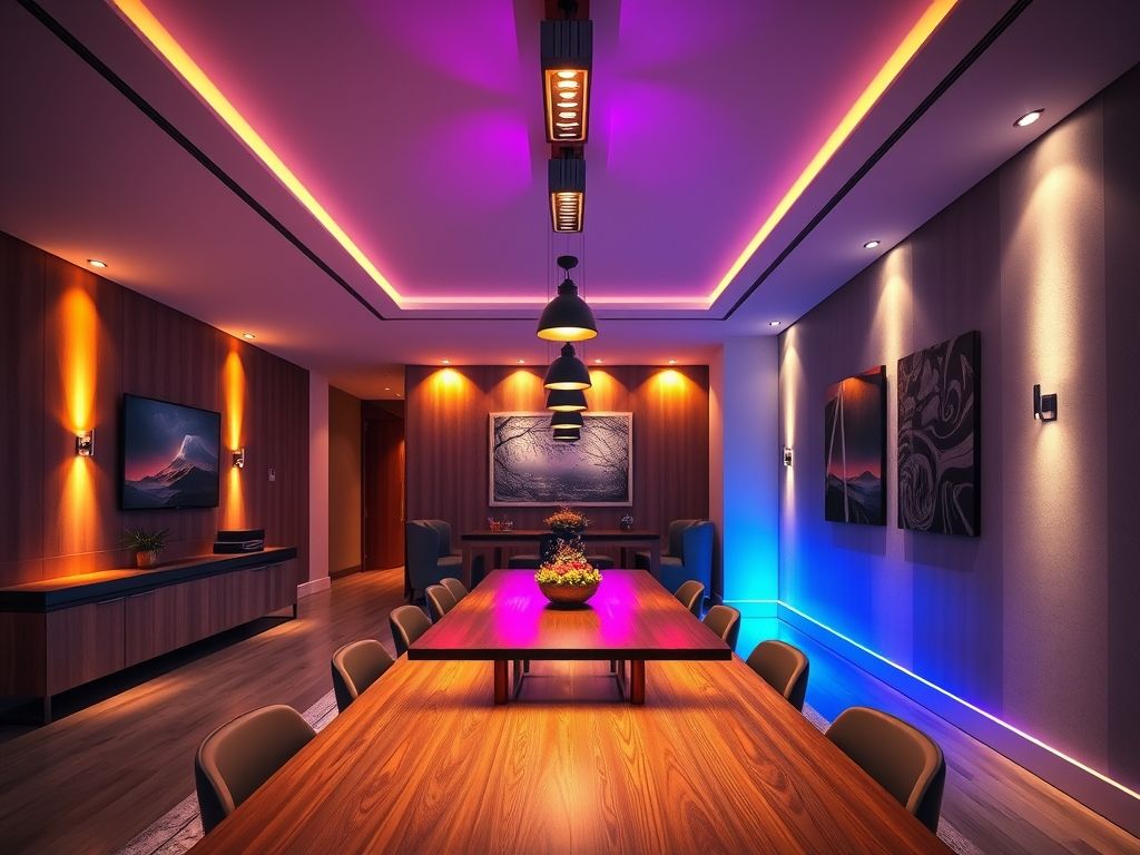 Iluminação com cores variáveis em salas de jantar