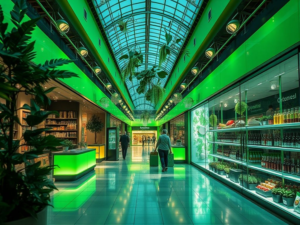 Iluminação verde em shoppings