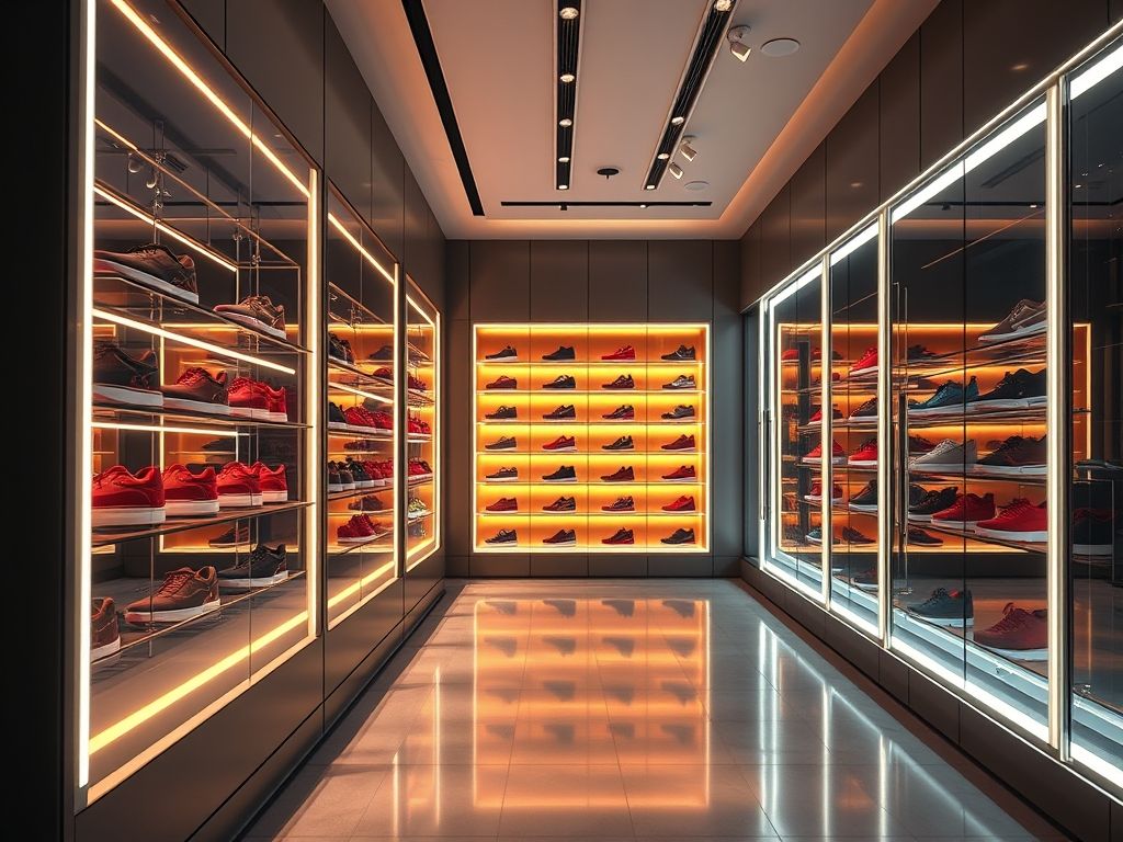 Perfil de LED linear para iluminação de vitrines de calçados