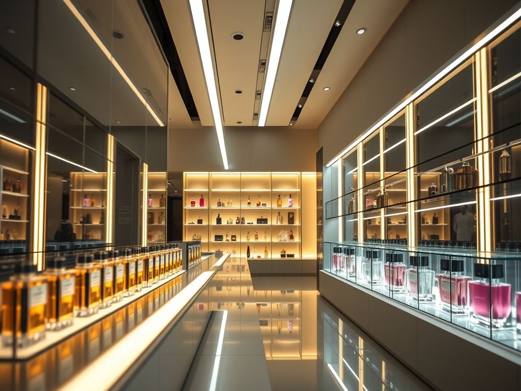 Perfil de LED linear para iluminação de vitrines de perfumaria