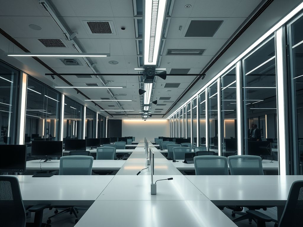 Perfil LED linear contínuo em escritórios corporativos