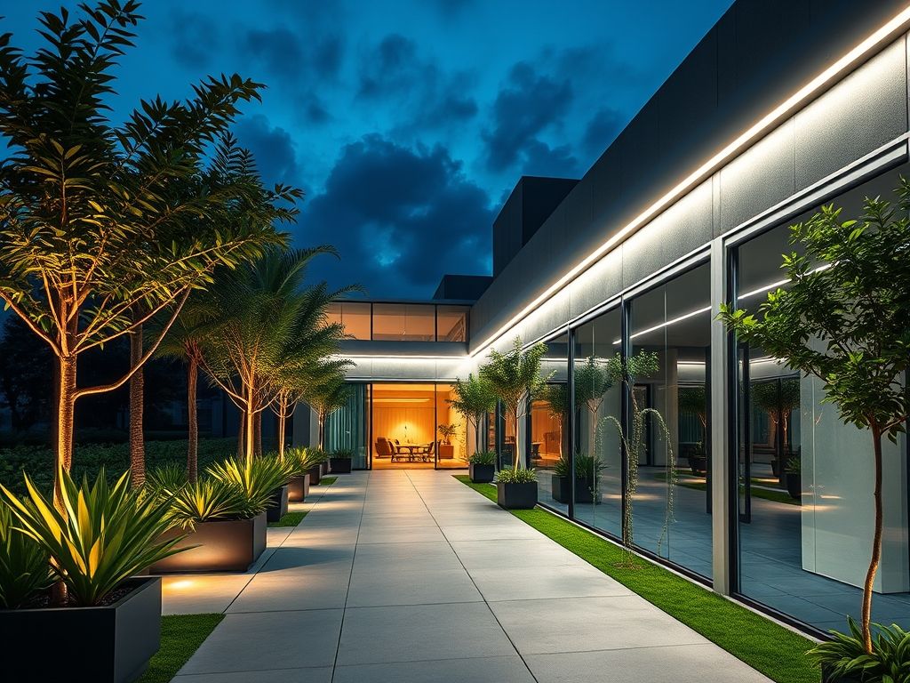 Perfil LED linear em áreas externas modernas