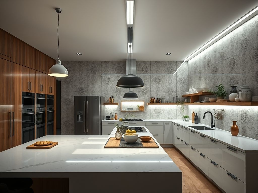 Perfil LED linear em cozinhas planejadas grandes