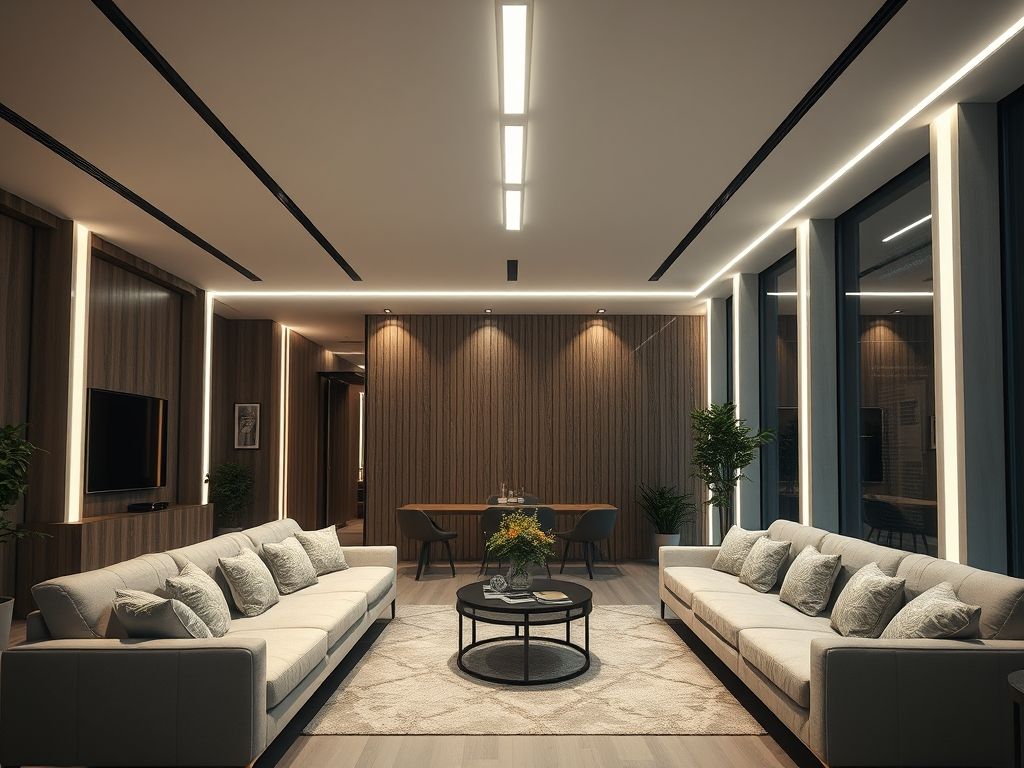 Perfil LED linear em salas de estar modernas