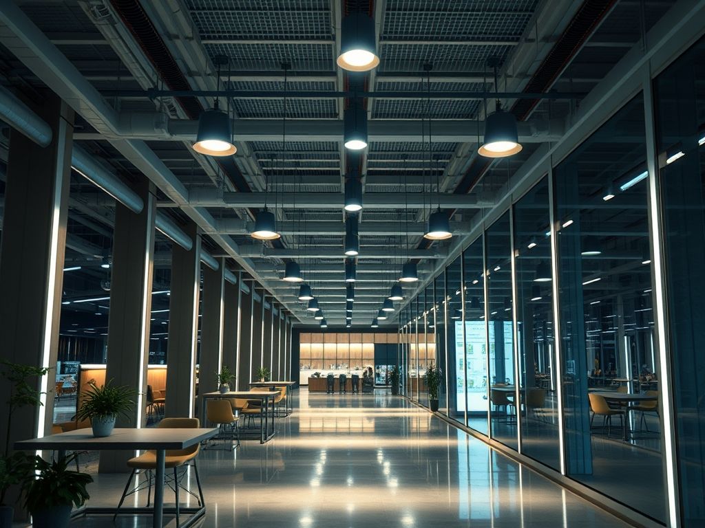 Perfil LED suspenso em ambientes corporativos