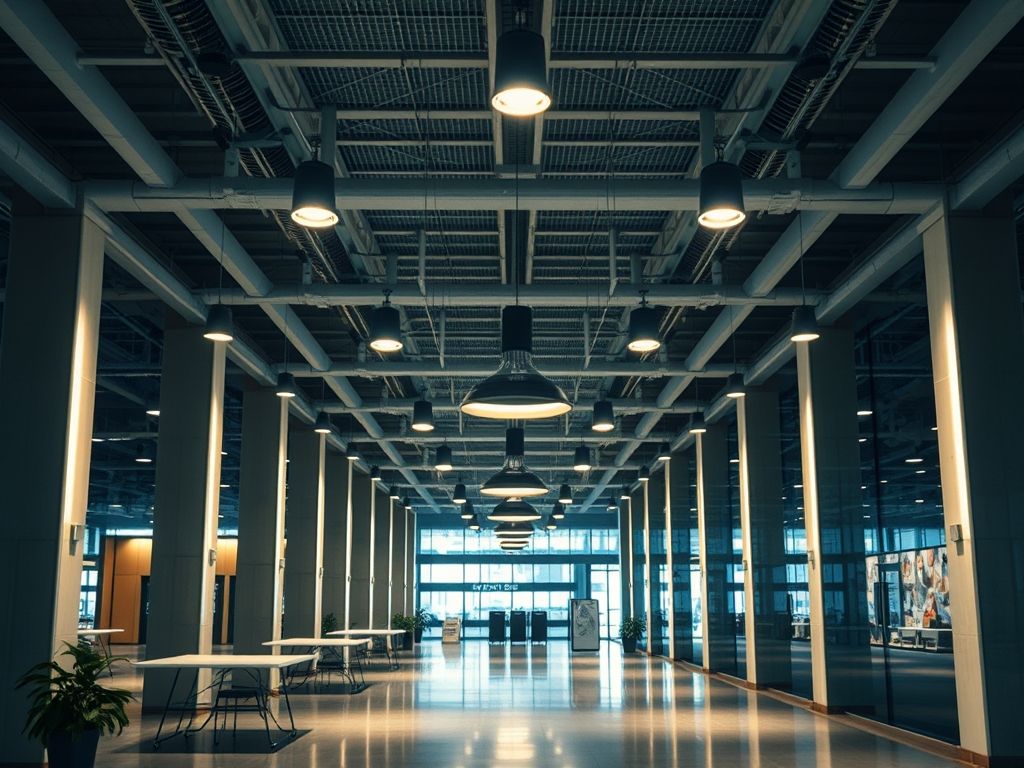 Perfil LED suspenso em ambientes corporativos amplos