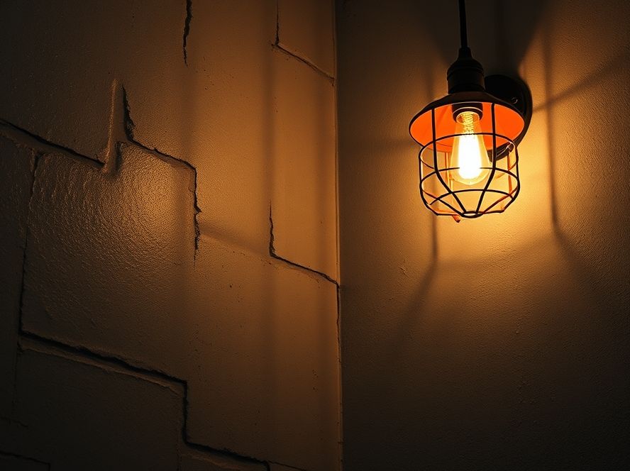 Arandela industrial iluminando parede de tijolo