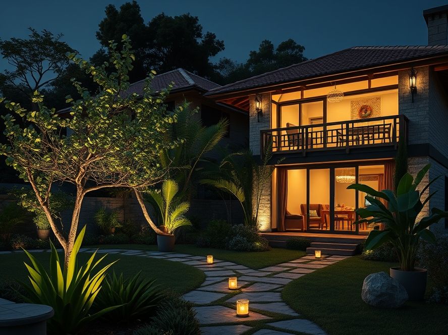 Finca de jardim com iluminação decorativa noturna