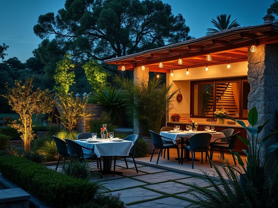 Finca de jardim com iluminação suave para varanda gourmet