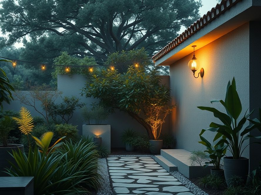 Finca de jardim com luz amarela aconchegante