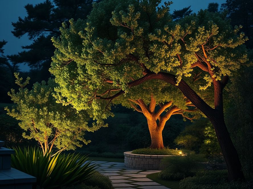 Finca de jardim com luz direcionada para árvores