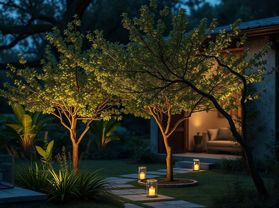Finca de jardim iluminando árvores pequenas