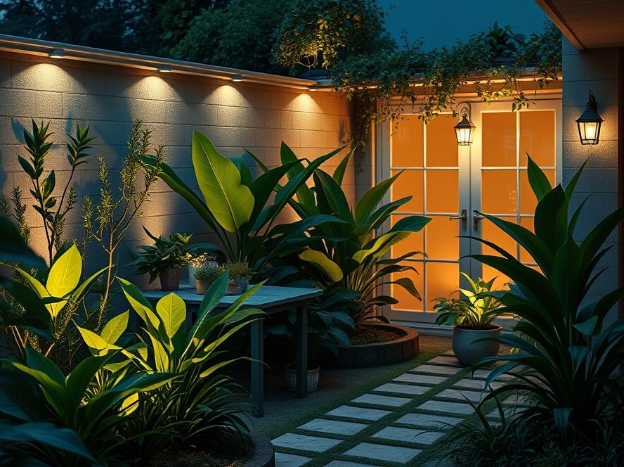 Finca de jardim iluminando plantas ornamentais