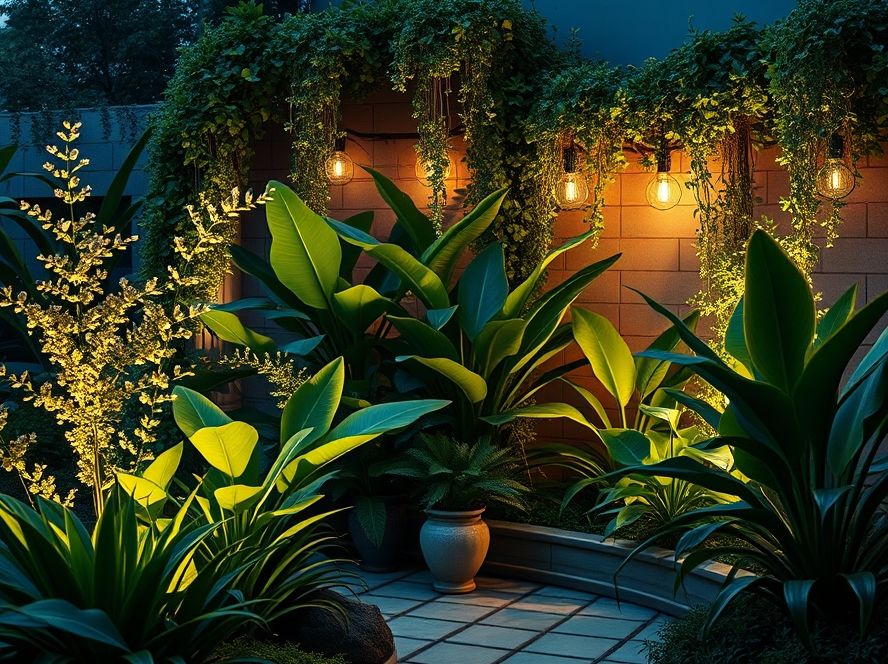 Finca de jardim iluminando plantas ornamentais grandes