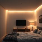 Fita de LED iluminando cabeceira de cama