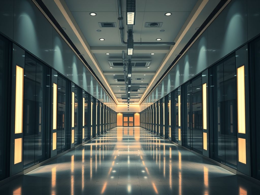 Iluminação de corredores corporativos com iluminação difusa