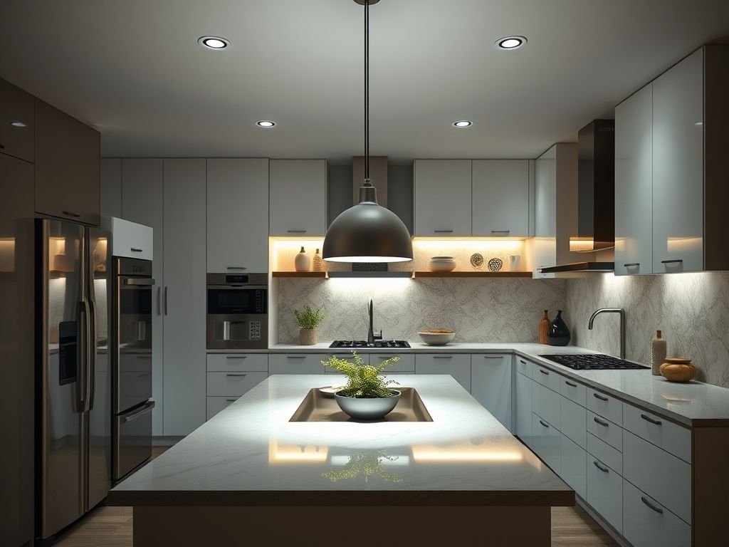 Iluminação de cozinhas planejadas com ilha central iluminada