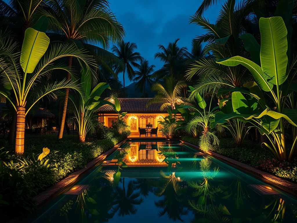 Iluminação de jardins tropicais com refletores