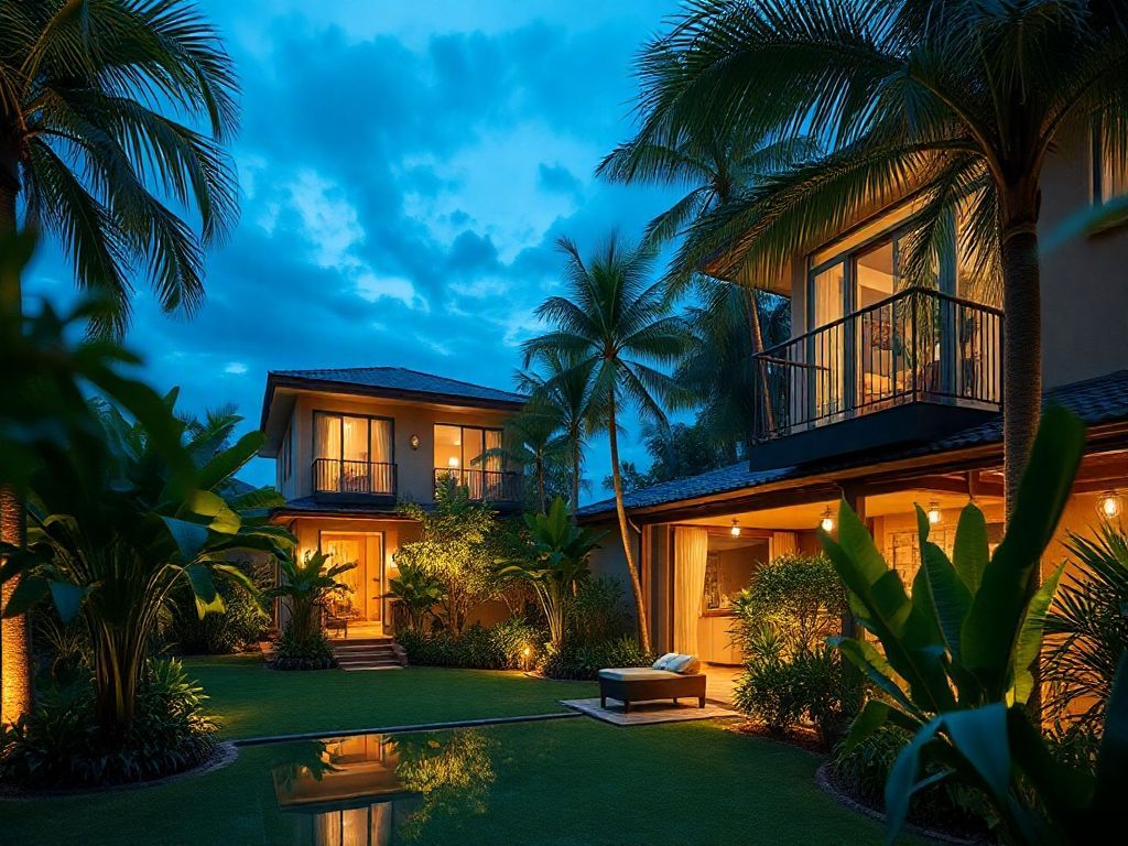 Iluminação de jardins tropicais em casas de praia