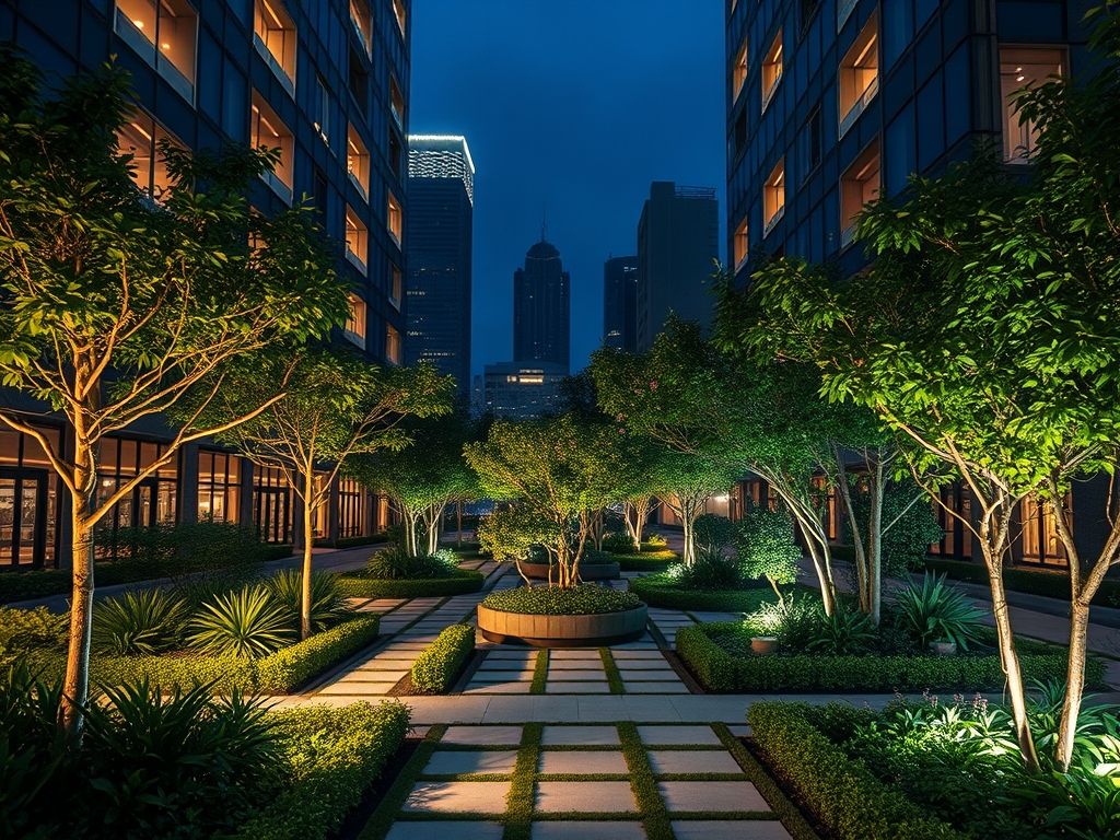 Iluminação de jardins verticais em edifícios corporativos