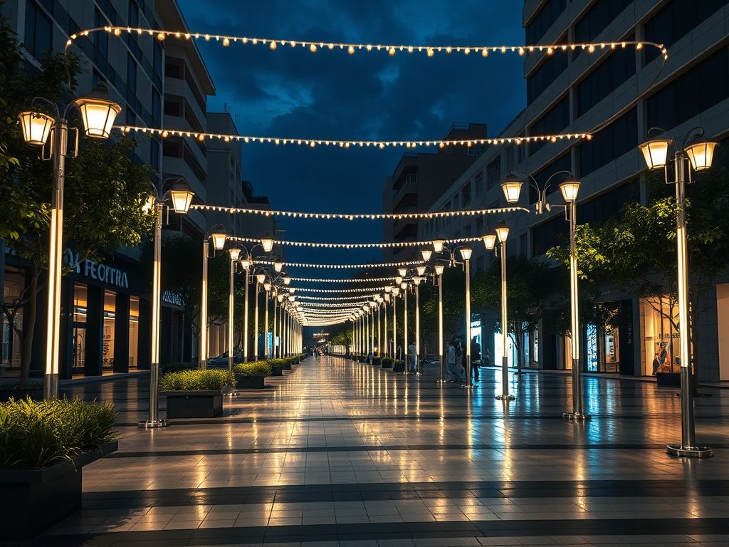 Iluminação de praças urbanas com postes decorativos
