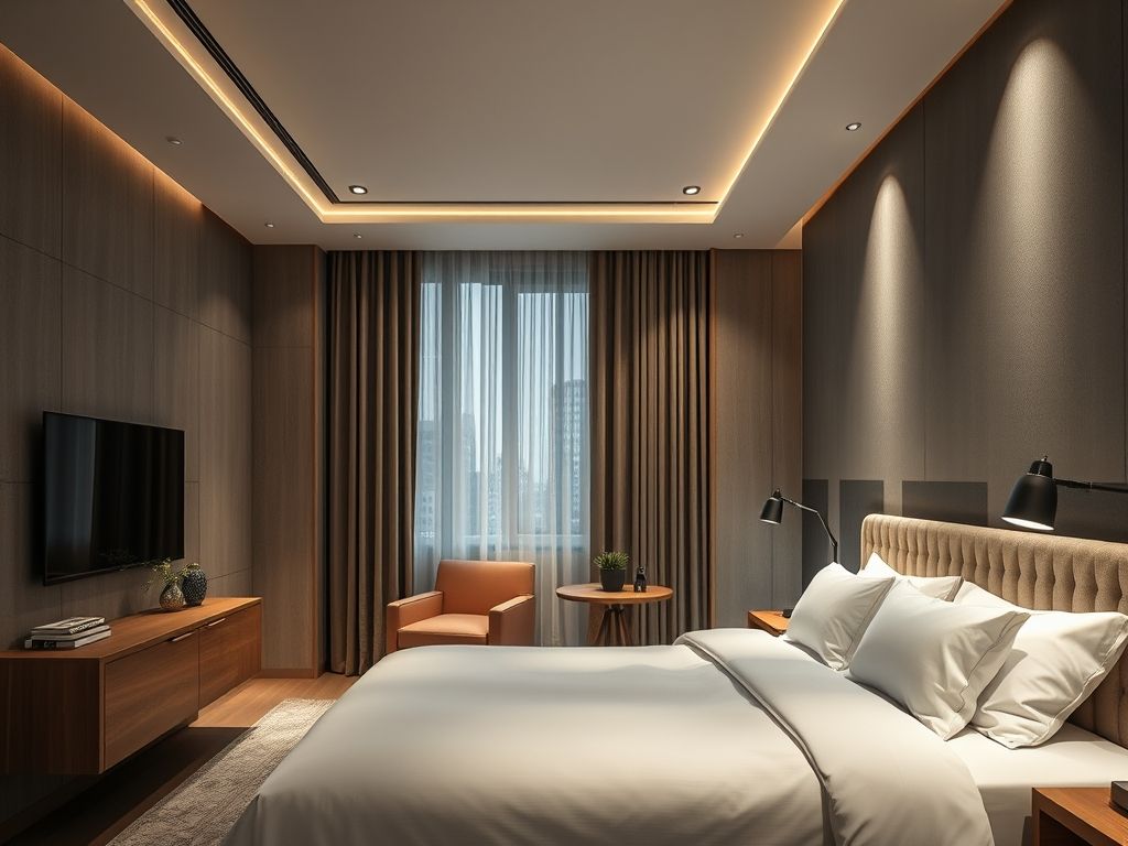 Iluminação de quartos de hotéis boutique com luminárias minimalistas