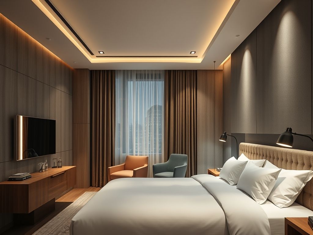 Iluminação de quartos de hotéis boutique com luminárias minimalistas modernas