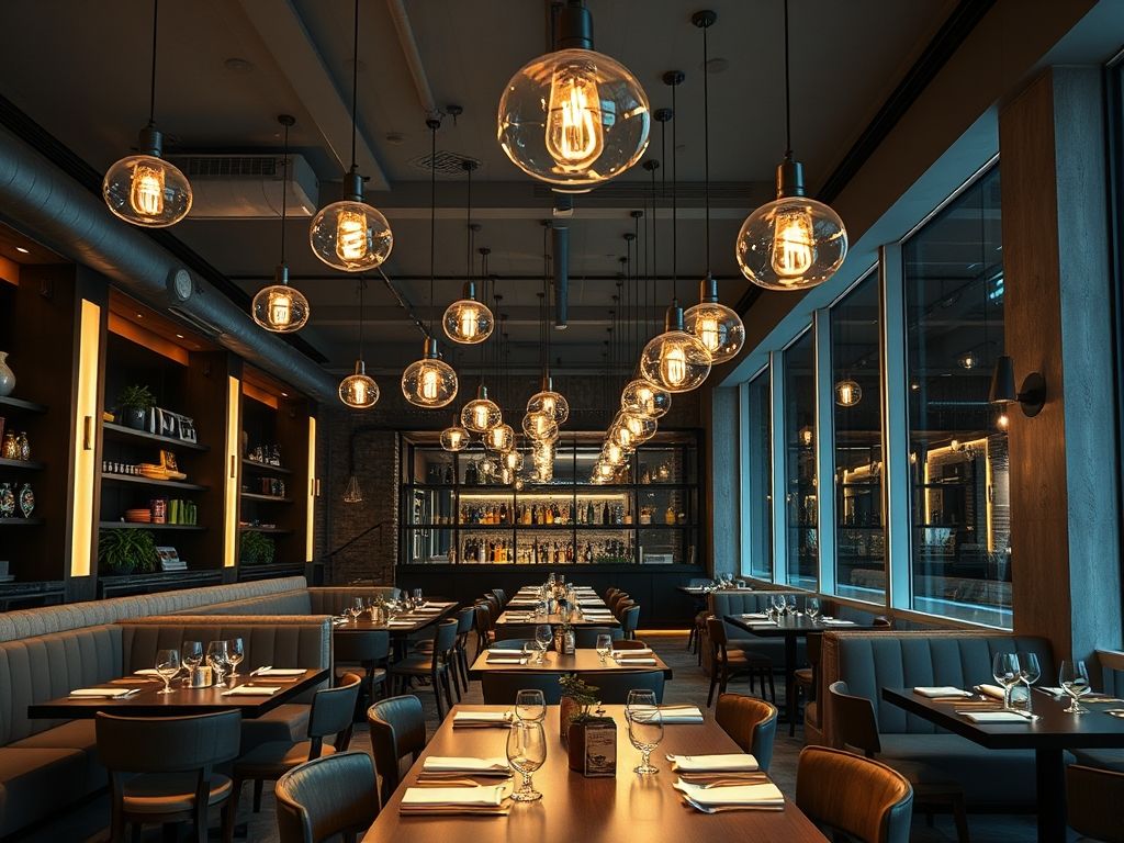 Iluminação de restaurantes contemporâneos com pendentes lineares