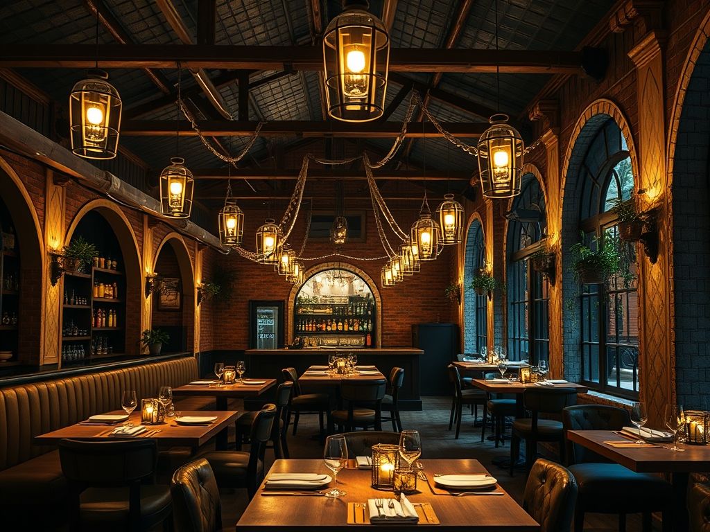 Iluminação de restaurantes rústicos com luminárias de madeira