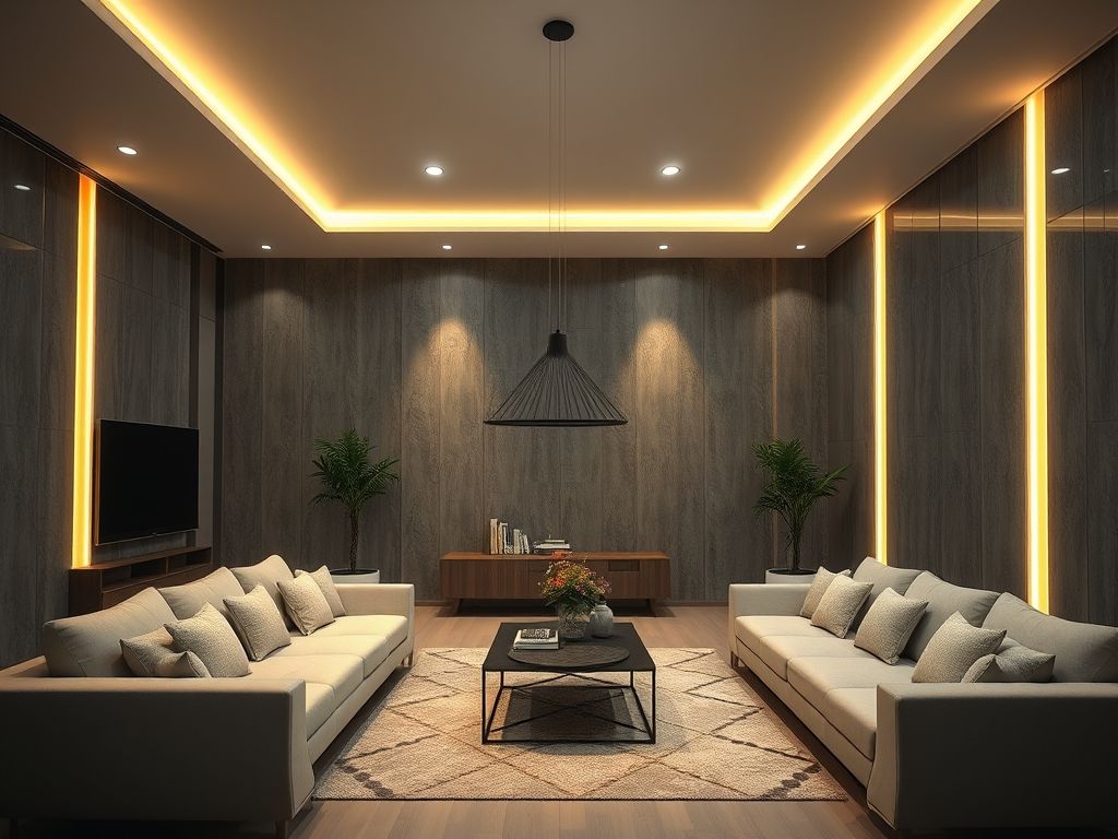 Iluminação de salas de estar com trilhos de LED