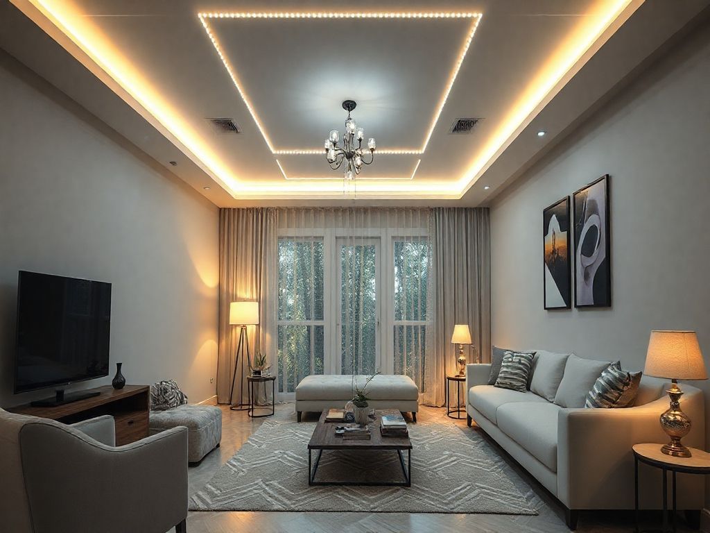 Iluminação de salas de estar com trilhos de LED decorativos