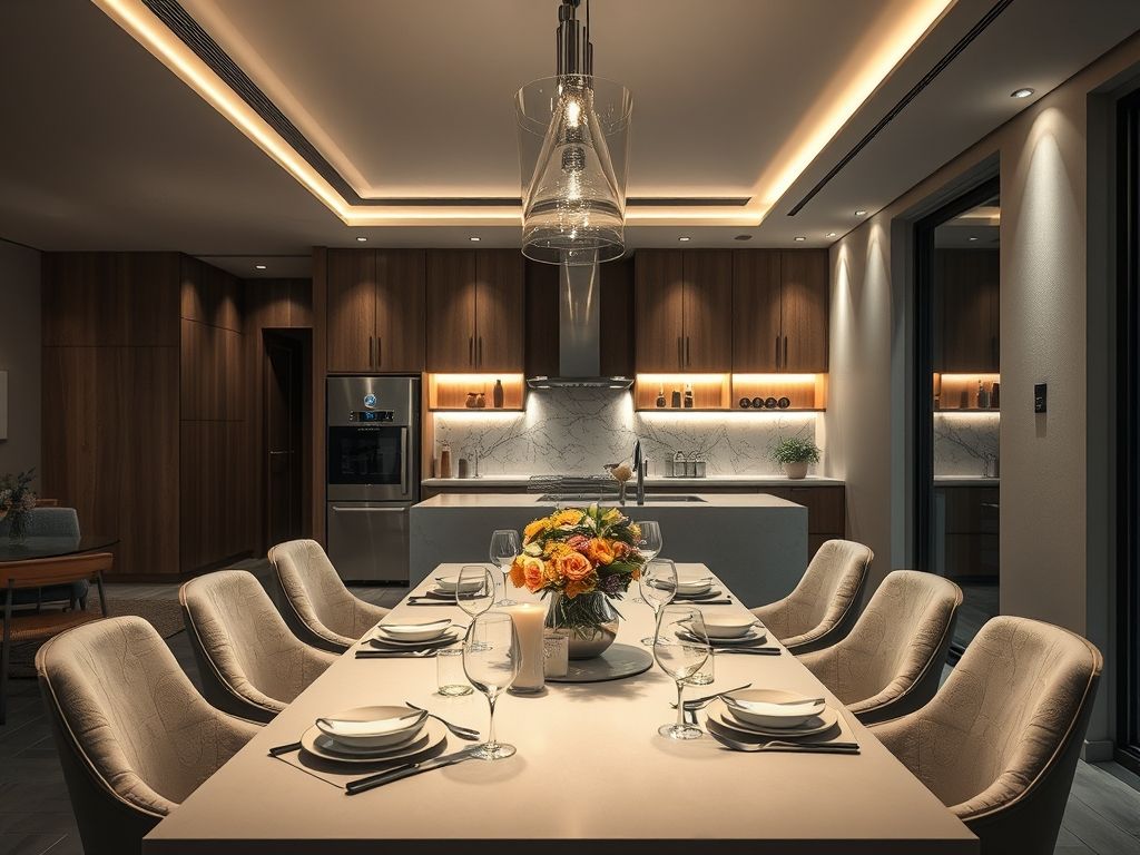 Iluminação de salas de jantar integradas à cozinha com LED indireto