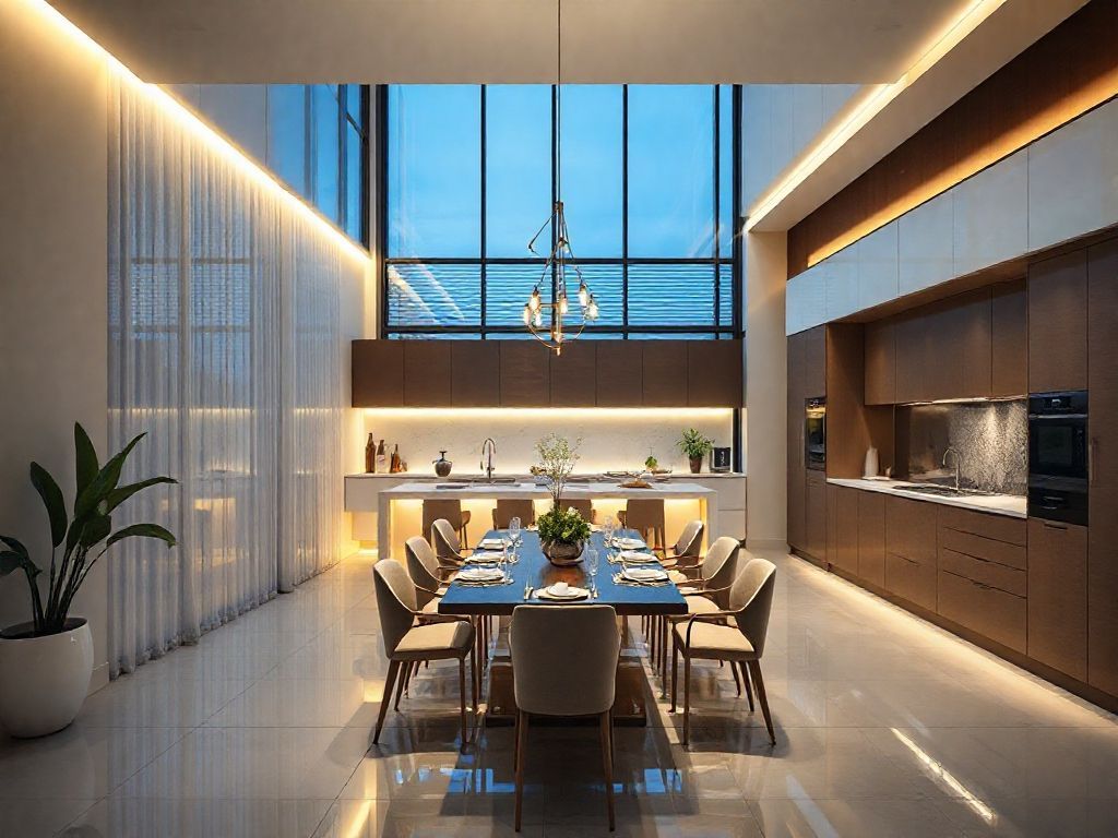 Iluminação de salas de jantar integradas à cozinha com LED indireto elegante