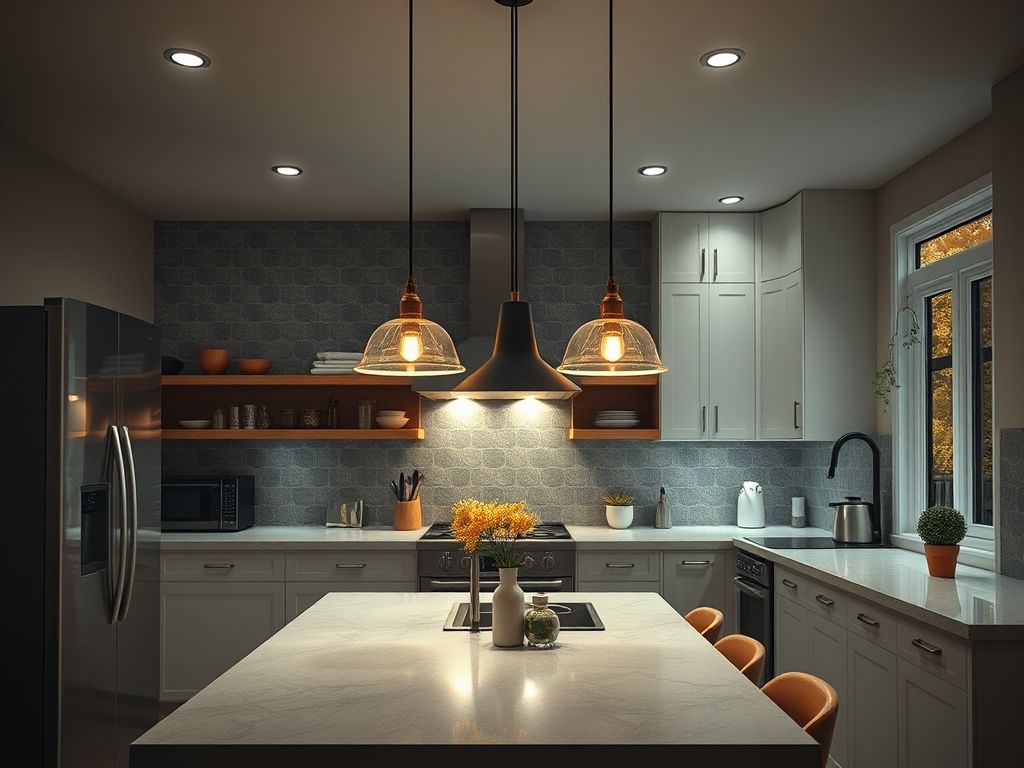 Luminárias de trilho em cozinhas americanas