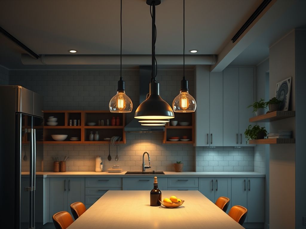 Luminárias pendentes industriais em cozinhas modernas