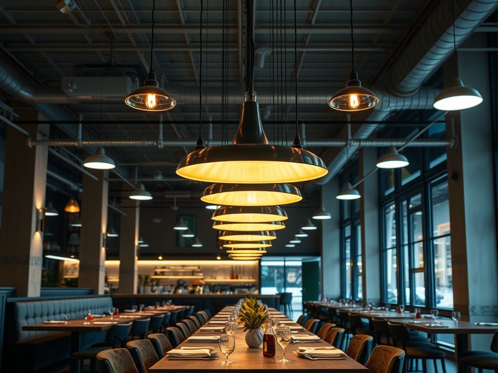 Luminárias pendentes industriais em restaurantes modernos