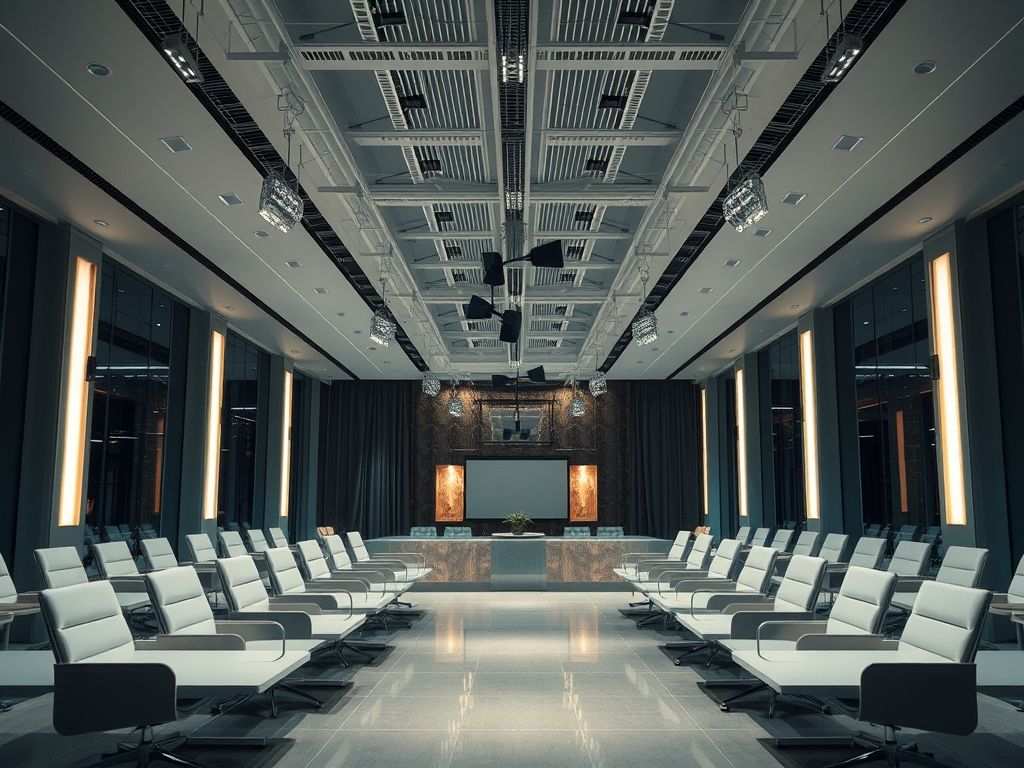 Luminárias técnicas em salas corporativas modernas