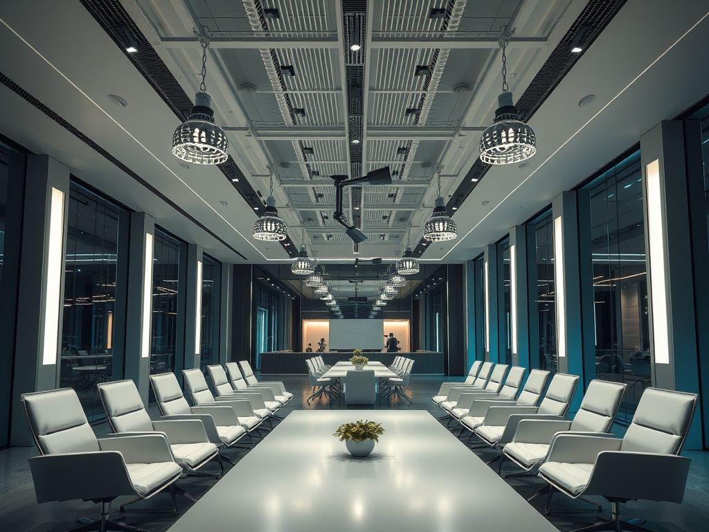Luminárias técnicas em salas corporativas modernas e funcionais