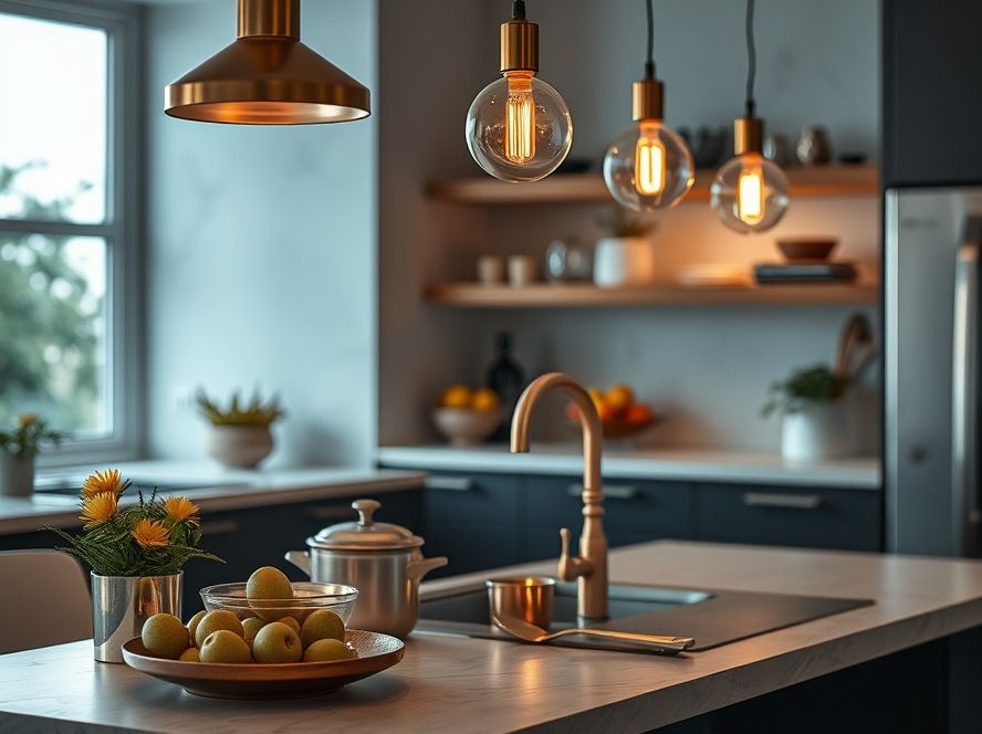 Lustres de cobre que destacam utensílios de cozinha
