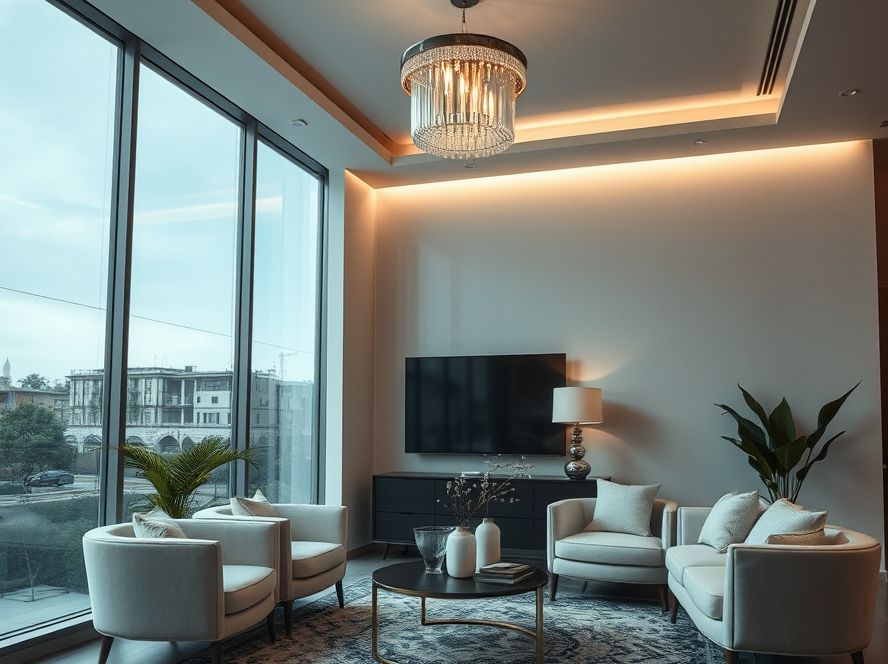 Lustres de vidro que combinam com poltronas elegantes