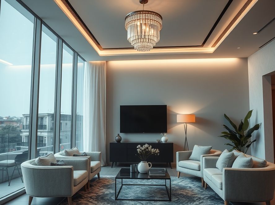 Lustres de vidro que harmonizam com poltronas elegantes