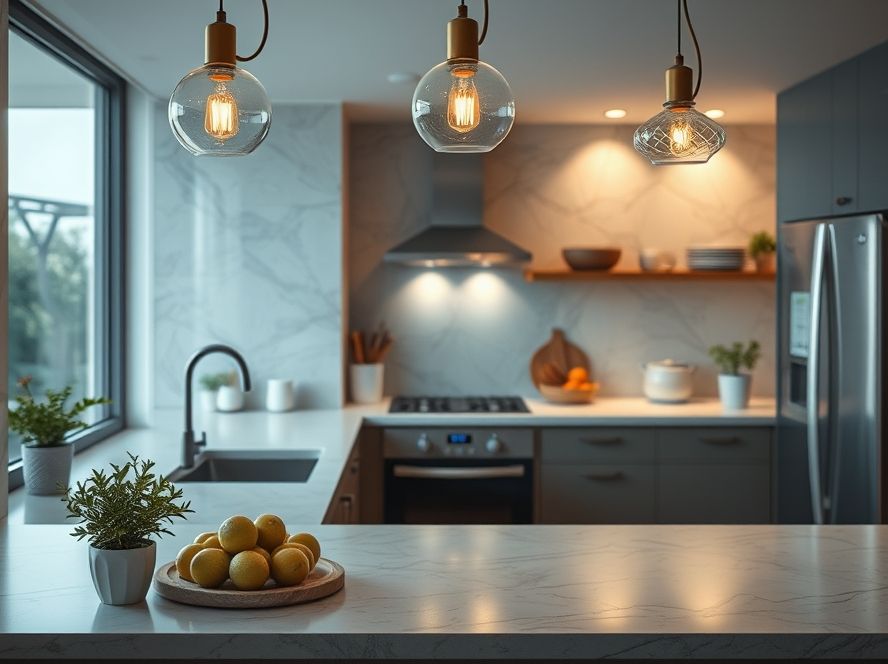Lustres de vidro que valorizam utensílios de cozinha