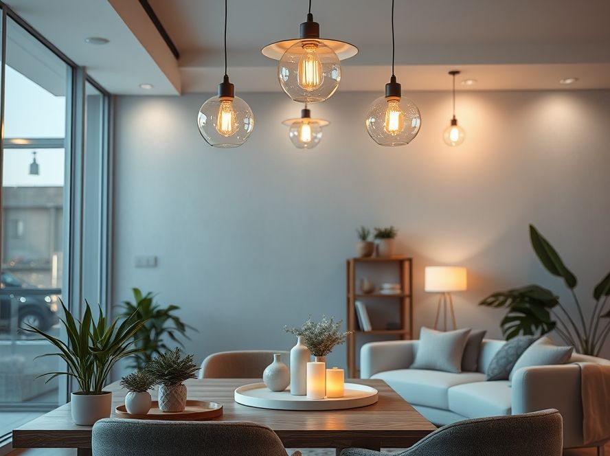 Lustres LED que combinam com prateleiras abertas e objetos decorativos