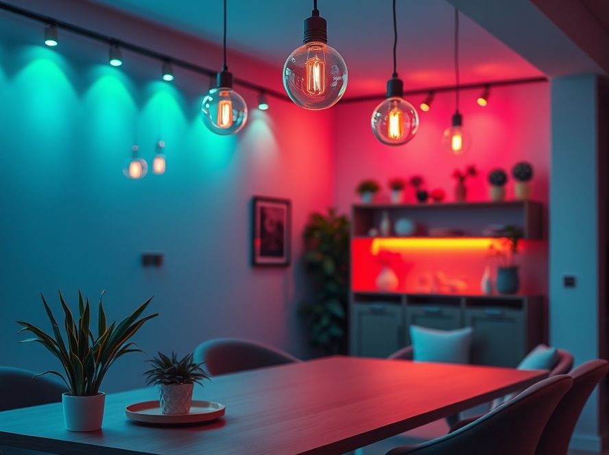 Lustres LED que destacam louças e utensílios coloridos