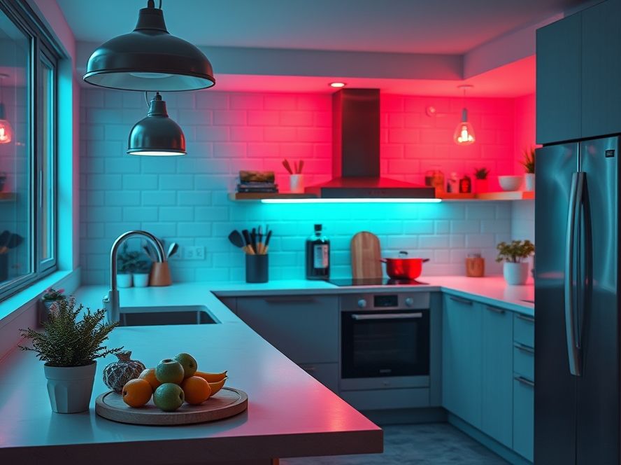 Lustres LED que destacam utensílios de cozinha coloridos