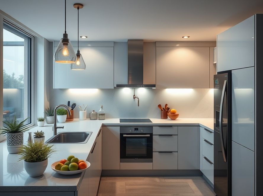 Lustres LED que destacam utensílios de cozinha modernos