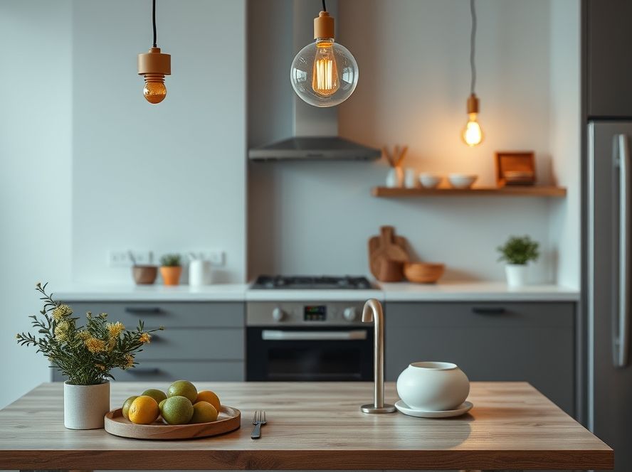 Lustres minimalistas que combinam com utensílios de cozinha