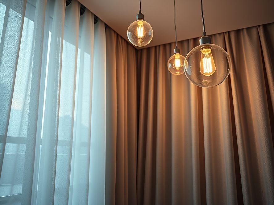 Lustres pendentes que destacam cortinas e persianas decorativas